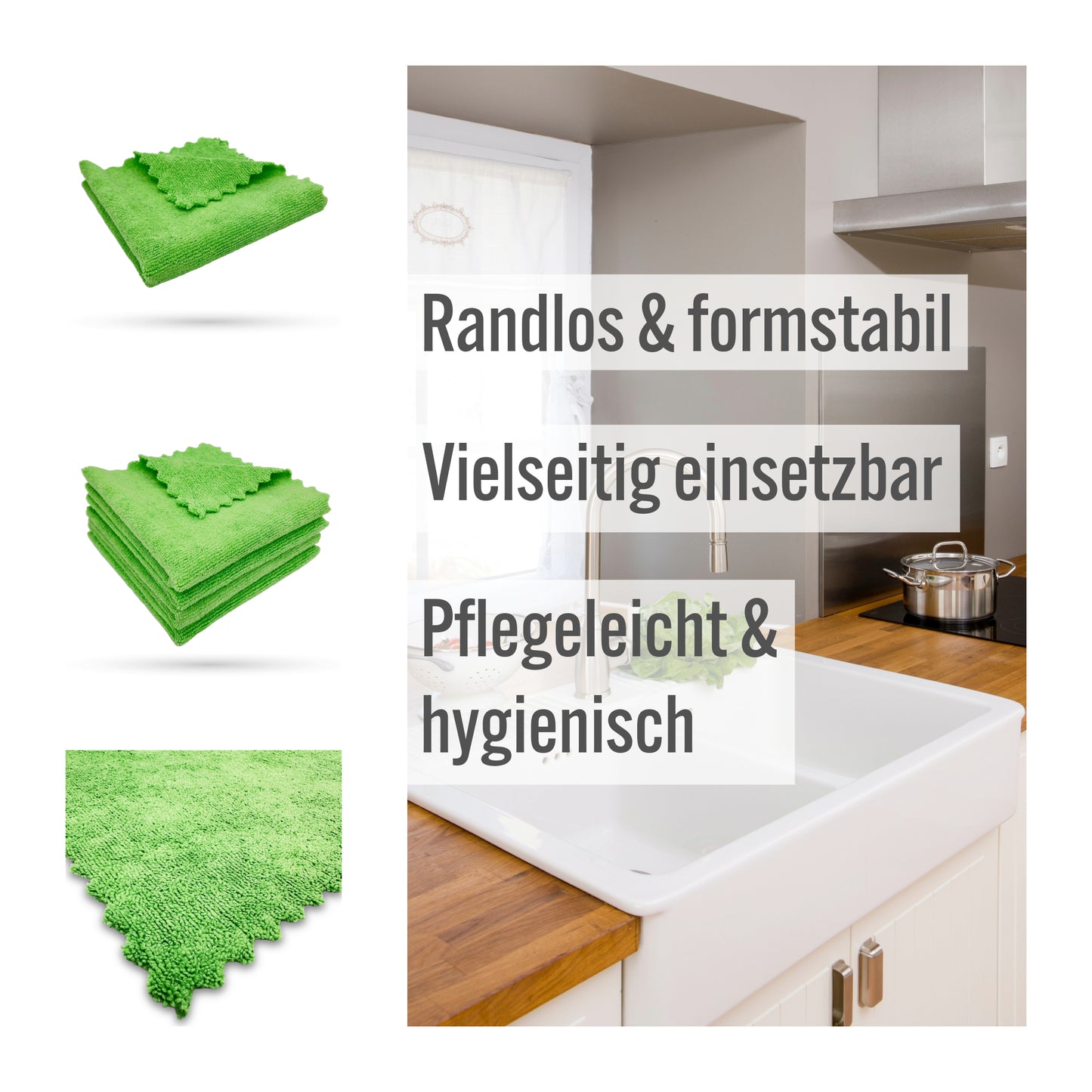 Grünes, randloses Microfaser-Wellentuch 30x30 cm, vielseitig, pflegeleicht, formstabil.