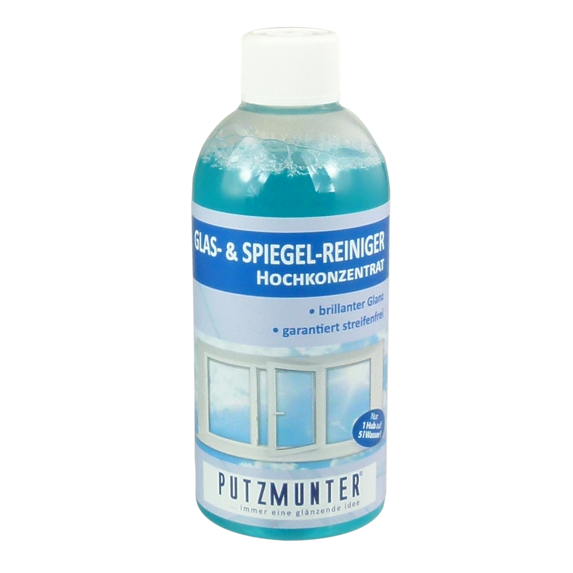 PUTZMUNTER Glasreiniger Hochkonzentrat – streifenfreier Glas- und Spiegelreiniger in 500 ml Flasche, ideal für Fenster, Spiegel und Hochglanzoberflächen – effektive Reinigung mit intensiver Fettlösekraft.