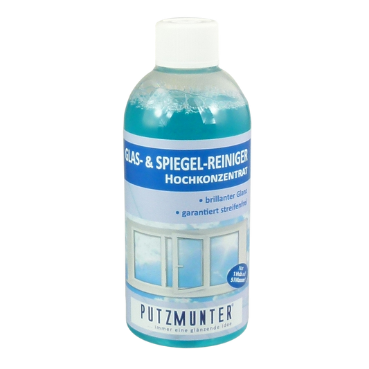 PUTZMUNTER Glasreiniger Hochkonzentrat – streifenfreier Glas- und Spiegelreiniger in 500 ml Flasche, ideal für Fenster, Spiegel und Hochglanzoberflächen – effektive Reinigung mit intensiver Fettlösekraft.